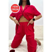 Kadın Kırmızı-Siyah Kısa Kollu Pijama Takım Pamuklu Düğmeli Cep Tasarım Detaylı