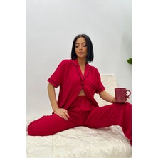 Kadın Kırmızı-Siyah Kısa Kollu Pijama Takım Pamuklu Düğmeli Cep Tasarım Detaylı