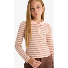 DeFacto Slim Fit Dar Kesim Polo Yaka Çizgili Ribana Uzun Kollu Tişört Kız Çocuk F7131A825AU
