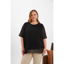 Omuz Taş Detaylı Asimetrik Kesim Büyük Beden Şifon Bluz Siyah