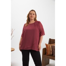 Omuz Taş Detaylı Asimetrik Kesim Büyük Beden Şifon Bluz Gülkurusu