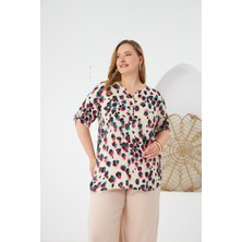 Leopar Desenli Büyük Beden Bluz Fuşya