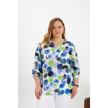 Desenli Kol Apoletli Büyük Beden Bluz Ekru