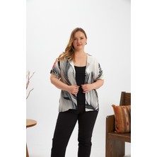 Kontrast Desenli Kuşaklı Büyük Beden Kimono Bluz Siyah