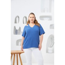 Yaka Detaylı Büyük Beden Bluz Indigo