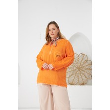 Arma Detaylı Büyük Beden Yıkamalı Bluz Turuncu