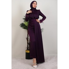 Tüylü Saten Tesettür Elbise Mor