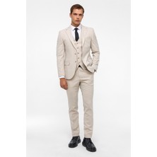 Ekru Slim Fit Desenli Mono Yaka 6 Drop Yelekli Klasik Takım Elbise