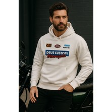 Unisex Beyaz Kapüşonlu Baskılı %100 Pamuk Cep Detaylı Sweatshirt