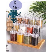 12 Li 3 Boy Baharatlık Kavanozu Seti - Şeffaf Akrilik Vakumlu Kapak Baharat Saklama Kabı Takımı
