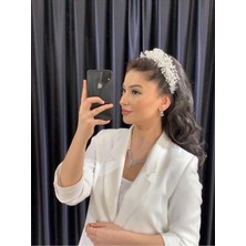 Nişantaşı Aksesuar Beyaz Kristal Boncuklu Gelin Kına Düğün Nişan Nikah Tacı Kadınlar İçin Şık İnci Detaylı