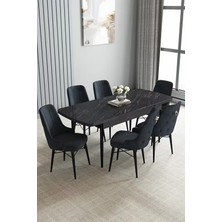 Loft Siyah Mermer 80X132 Açılabilir Mdf Masa Yemek Odası Takımı, Mutfak Takımı 6 Sandalye
