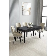 Loft Siyah Mermer 80X132 Açılabilir Mdf Masa Yemek Odası Takımı, Mutfak Takımı 4 Adet Sandalye
