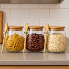 Tombul 3lü Borosilikat Cam Bambu Kapaklı Kavanoz Baharatlık Seti 1000 ml
