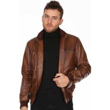 Deri Work Hakiki Deri Kahverengi Bel Yaka Lastikli Erkek Deri Ceket