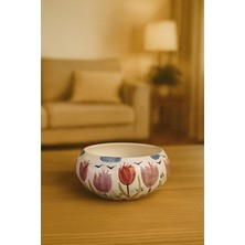 El Yapımı Lale Desenli Seramik Saksı – Dekoratif Çiçeklik