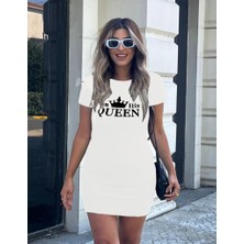 Rivina Kadın Kısa Kollu Queen Baskı Iki Iplik Mini Elbise