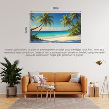 Doğa ve Manzara Yatay Palmiye Ağaçları Turkuaz Deniz Kum ve Huzurlu Berrak Gökyüzü 04 Çerçevesiz 90X60CM Pvc Tablo