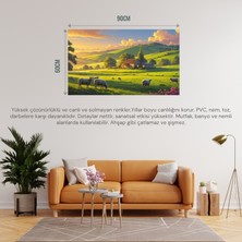 Doğa ve Manzara Yatay Küçük Çiftlik Evi Yeşil Tepeler, Çiçek Açmış Tarlalar Doğa ve Huzur 02 Çerçevesiz 90X60CM Pvc Tablo
