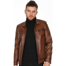 Deri Work Hakiki Deri Kahverengi Casual Fermuarlı Erkek Deri Ceket