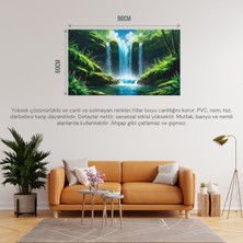 Doğa ve Manzara Yatay Canlı Şelale Yemyeşil Bitki Örtüsü, Su Sıçramaları, Kayalar Parlak Mavi Gökyüzü 04 Çerçevesiz 90X60CM Pvc Tablo