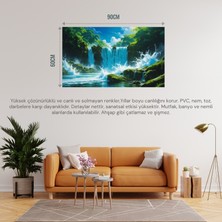 Doğa ve Manzara Yatay Canlı Şelale Yemyeşil Bitki Örtüsü, Su Sıçramaları, Kayalar Parlak Mavi Gökyüzü 05 Çerçevesiz 90X60CM Pvc Tablo