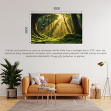 Doğa ve Manzara Yatay Ağaçlar Güneş Işıkları Derin Orman Yemyeşil Yosun Kaplı Zemin Uçan Kuşlar 01 Çerçevesiz 90X60CM Pvc Tablo