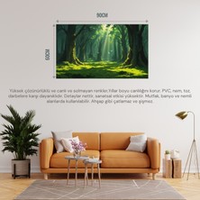 Doğa ve Manzara Yatay Ağaçlar Güneş Işıkları Derin Orman Yemyeşil Yosun Kaplı Zemin Uçan Kuşlar 03 Çerçevesiz 90X60CM Pvc Tablo