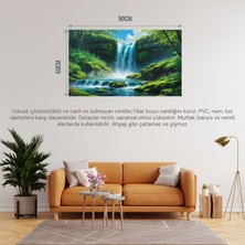 Doğa ve Manzara Yatay Canlı Şelale Yemyeşil Bitki Örtüsü, Su Sıçramaları, Kayalar Parlak Mavi Gökyüzü 01 Çerçevesiz 90X60CM Pvc Tablo