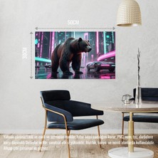 Siber Punk Dünyasında Heybetli Duran Ayı Neon Işıklar Altında 06 Çerçevesiz 50X30 cm Pvc Tablo