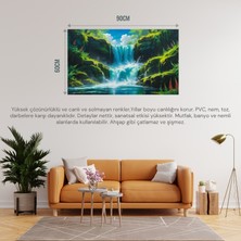 Doğa ve Manzara Yatay Canlı Şelale Yemyeşil Bitki Örtüsü, Su Sıçramaları, Kayalar Parlak Mavi Gökyüzü 06 Çerçevesiz 90X60CM Pvc Tablo