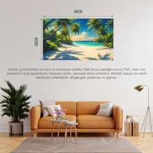 Doğa ve Manzara Yatay Palmiye Ağaçları Turkuaz Deniz Kum ve Huzurlu Berrak Gökyüzü 02 Çerçevesiz 90X60CM Pvc Tablo