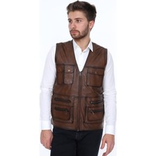 Deri Work Hakiki Deri Kahverengi Dardano Fermuarlı Erkek Deri Yelek