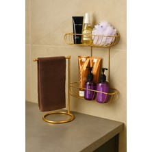 Altın Banyo Organizer Seti | Havlu Askısı + 2 Katlı Şampuanlık Raf