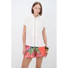 Adl Önü Şeritli Keten Bluz Vanilya 11545235000