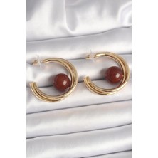 Skygo Pirinç Gold Renk Halka Model Kahverengi Boncuk Detay Kadın Küpe - TJ-BKP10364