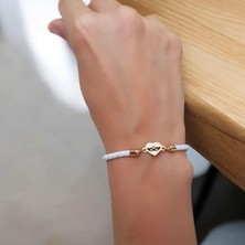 14 Ayar Plakalı Altın Balmaske Temalı Kalp Motifli Doğal Beyaz Derili Hediye BILEKLIK-433SEMBOL