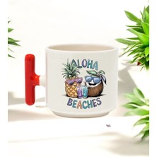 Aloha Beaches Tasarımlı Kırmızı T Kulplu Seramik Baskılı Kupa Bardak 250 ml
