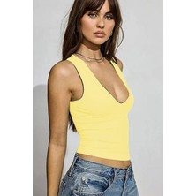 Sarı Derin V Yaka %100 Pamuklu Basic Kadın Atlet MG2405