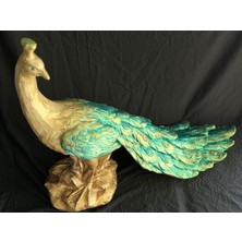 Mikkartdesign Yeşil-Altın Polyester El Boyama Tavus Kuşu Heykel