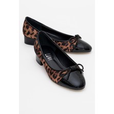 Luvi Julien Siyah Sarı Desenli Fiyonklu Kadın Topuklu Babet Ayakkabı