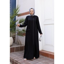 Harma Time Butik Kadın Taş Detaylı Cepli Rahat Kalıp Siyah Elbise