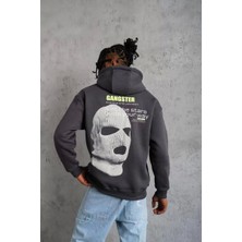 Erkek Kordonlu Maske Baskılı Kapşonlu Sweat - Gri