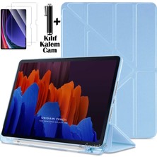 Samsung Galaxy Tab S7 Fe S8 Plus 12.4inç Kılıf Kalem Bölmeli Katlanabilir Standlı Yumuşak Silikon Kapak + Ekran Koruyucu Cam + Dokunmatik Kalem 3'lü Set