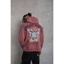 Erkek Kordon Ipli Baskılı Kapüşonlu Sweatshirt - Gül Kurusu