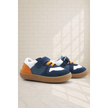 Rakerplus Bob Hakiki Deri Lacivert Beyaz Barefoot Cırtlı Lastikli Bebek Sneaker Ayakkabı