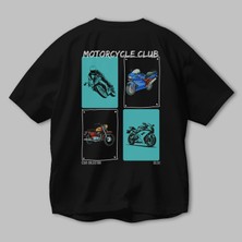 Motorcycle Club Arka Baskılı Oversize T-Shirt Erkek Kadın %100 Pamuk Bisiklet Yaka Tişort