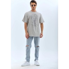 Unisex Oversize Taşlı Bisiklet Yaka T-Shirt - Gri