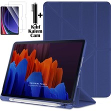 Samsung Galaxy Tab A7 10.4 Inç Sm T500 T505 T507 Kılıf Kalem Bölmeli Katlanabilir Standlı Yumuşak Silikon Kapak + Ekran Koruyucu Cam + Dokunmatik Kalem 3'lü Set