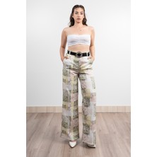 Renkli Bol Paça Kemerli ve Cepli Kumaş Pantolon 30031